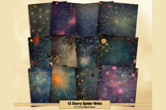 Starry Spider Webs Digital Backgrounds: Celestial Ephemera for Your Designs