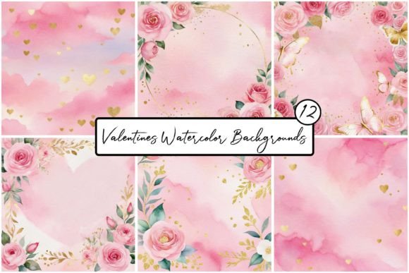 Valentines Watercolor Backgrounds: Soft Pastels & Gold